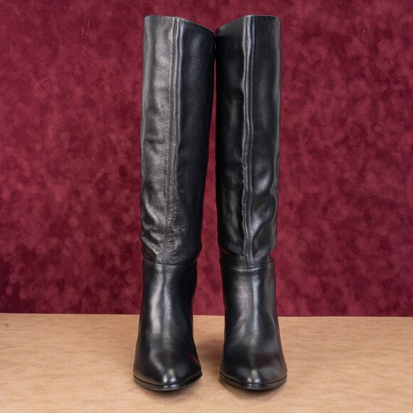 Jeffrey Campbell Women Black Leather Pointy Slip-on Heel Knee High Boots sz 8 - Picture 2 of 10